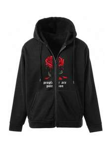 Hombre005 Sudadera con Capucha Hombre Chaqueta Cremallera Nueva Colección, Diseño Trendy y Versátil, Envío desde México Sudadera con capucha y cremallera negra adornada con dos rosas rojas con gotas de sangre y frases <<people are poison» que resaltan su estilo único y atractivo - Negro - Ver 1