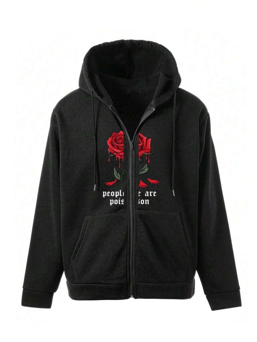 Hombre005 Sudadera con Capucha Hombre Chaqueta Cremallera Nueva Colección, Diseño Trendy y Versátil, Envío desde México Sudadera con capucha y cremallera negra adornada con dos rosas rojas con gotas de sangre y frases <<people are poison» que resaltan su estilo único y atractivo - Negro - Ver 1