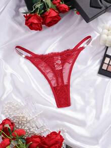 Floral Lace Rhinestone Studded Tape G-String Sexy Lingerie - Burgundy - View 1