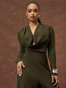 Vixey Damen Jumpsuit mit tiefem Ausschnitt, langem Arm, locker und sexy, modisch - Olivgrün - Übersicht 3