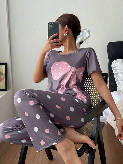 Snug Zone Oversized Bow, Polka Dot Print Short Sleeve Pants Women Pajama Set Pajama Sets For Women Round Neck Polka Dot Pajama Set Curve Pajamas Set Pajamas Set For Woman Women Sleep Wear Set