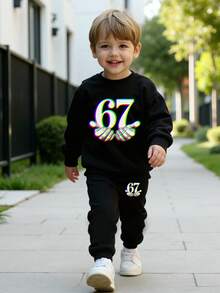 2件套男童休闲创意手绘67号图案卫衣和裤子套装，舒适保暖秋冬款式，5T男童儿童运动套装，5T男童套装，儿童运动裤套装 - 黑色 - 查看 6