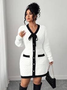 Elenzga Plus Size Women Colorblock Knitted Tie Front Elegant Sweater Dress, Autumn/Winter - White - View 7