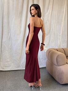 Aloruh 女士优雅水钻装饰修身开衩派对礼服，女士长款生日礼服 - 酒紅色 - 查看 3