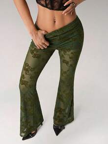 SHEIN ICON 性感纯色弹力腰植绒喇叭裤 - 墨綠色 - 查看 5