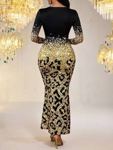 SHEIN Lady Váy dài tay ôm sát thanh lịch, chắp vá sequin cỡ lớn - Màu Khaki - Xem 3