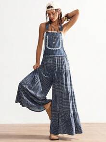 Bohemela 音乐节、假日、派对休闲牛仔拼接阔腿连体裤（女款） - 藍色 - 查看 7