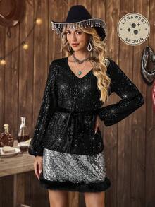 Women's Western V-Neck Tie Lantern Sleeve Sequin Long Sleeve Shirt "LanaWest" - Black - View 8
