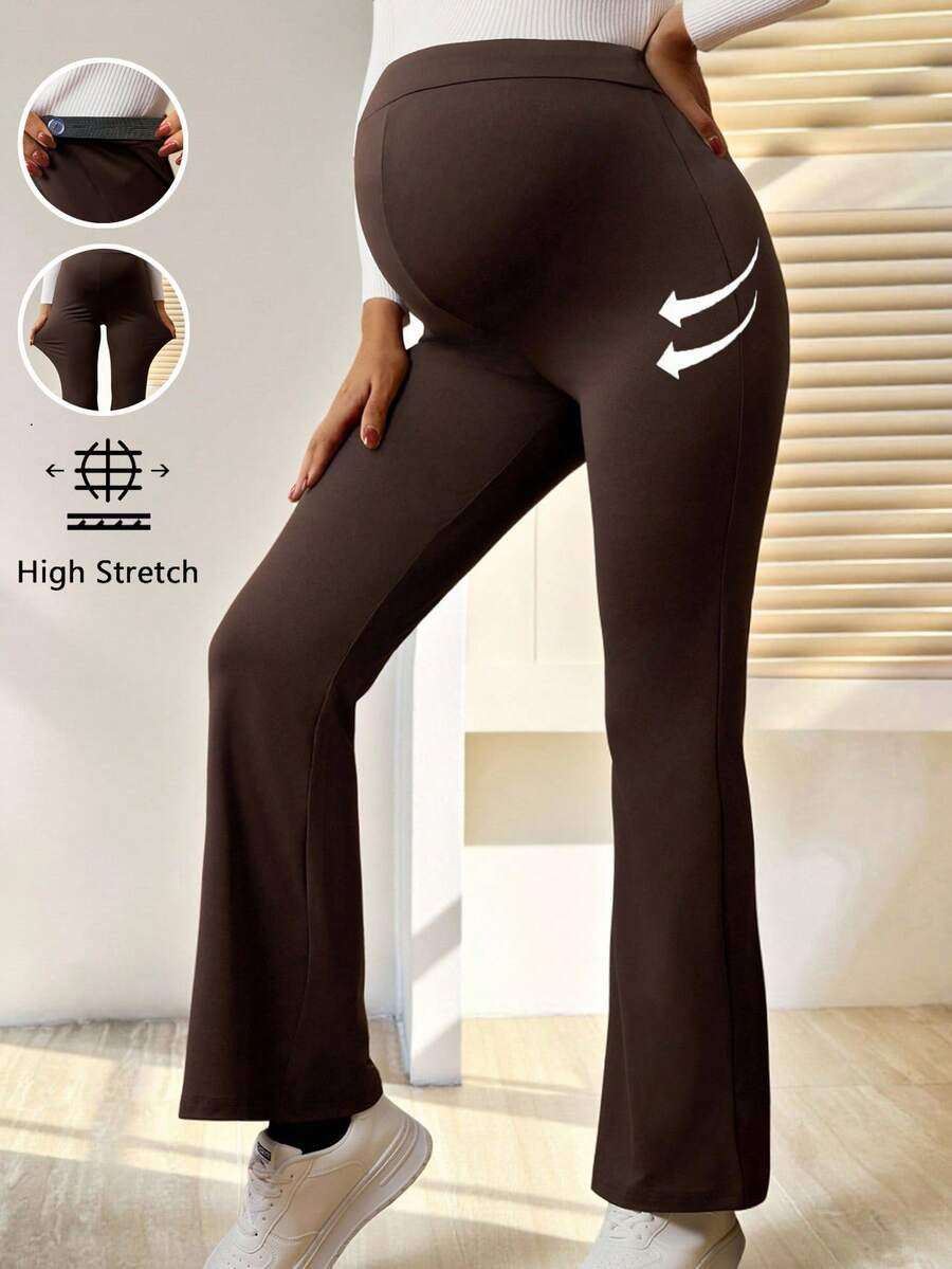 SHEIN Quần legging ống loe cạp cao ôm vừa vặn thoải mái đa năng cho bà bầu - màu nâu - Xem 1