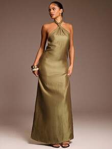Normani Twist Front Halter Neck Satin Open Backless Loose Maxi Dress Sexy Ibiza Fits Spring Summer Vacation Beach Elegant Wedding Guest Holiday Fall Night Out Wedding Guest, Elegant Christmas, Halloween, Fall, Winter Christmas - Brown - View 1