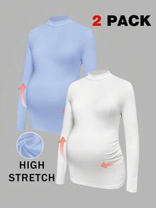 Modmama Maternity Solid Color Stand Collar Long Sleeve Pleated Casual Versatile T-Shirt - Blue - View 12