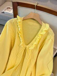 GlowEve CURVE Women's Autumn/Winter New Lace-Up Bow Knit Cardigan, Sweet Soft Floral Pattern Classic Versatile Regular Fit Sweater Top - Yellow - View 4