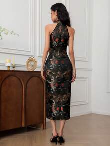 EastFlair 女士优雅龙凤印花高开衩修身中式旗袍连衣裙 - 黑色 - 查看 4