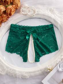 SHEIN 1 chiếc quần lót ren hở đáy đính ngọc trai giả gợi cảm dành cho nữ khi đi chơi - Màu xanh lá cây đậm - Xem 2