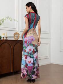 EastFlair 女士印花系领修身优雅连衣裙 - 彩色 - 查看 6