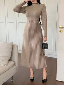 DAZY Women's Elegant Color Block A-Line Sweater Dress, Autumn/Winter - Brown - View 5