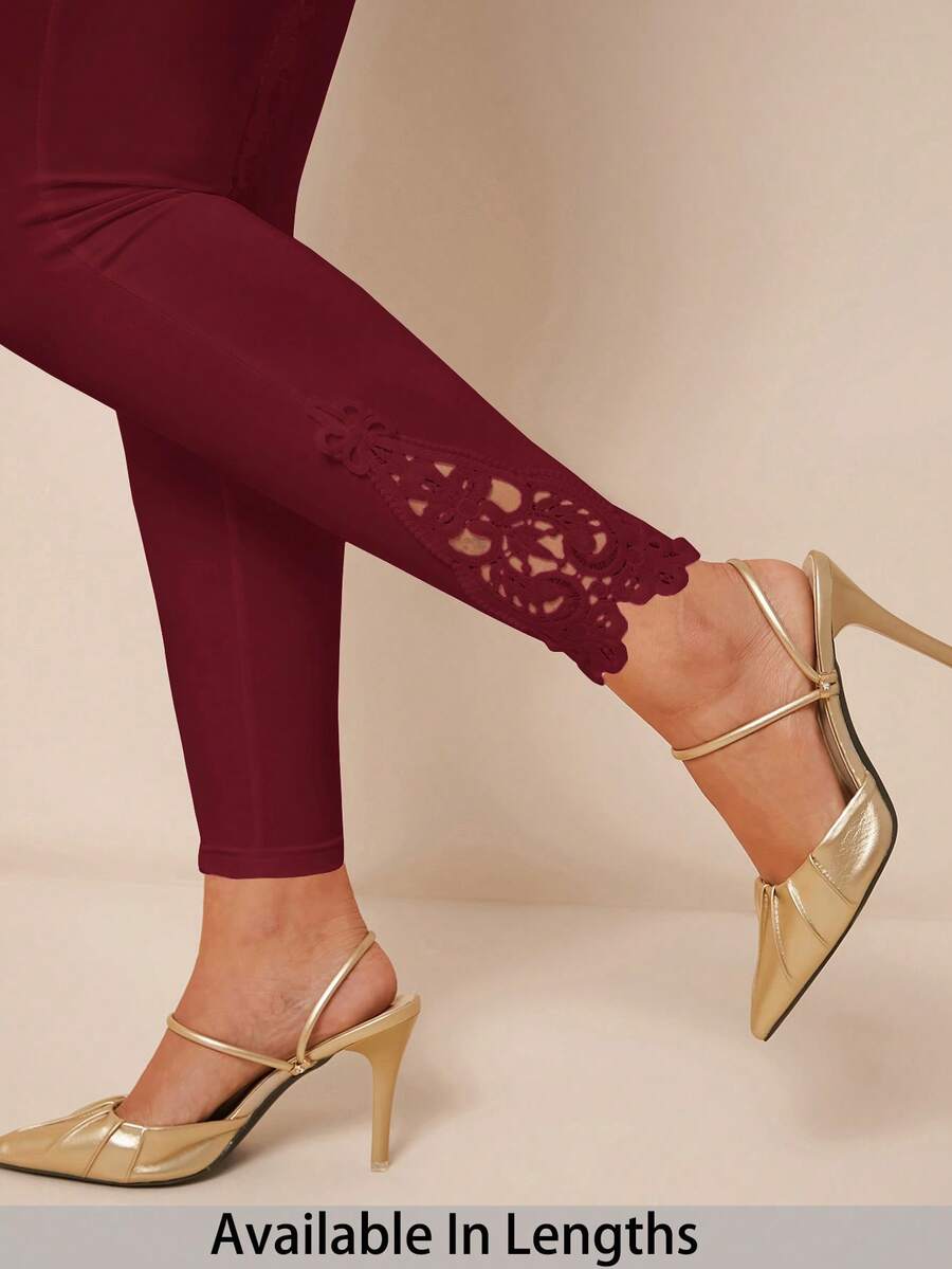 SHEIN PETITE CURVE 女士纯色弹力腰休闲打底裤 - 酒紅色 - 查看 1