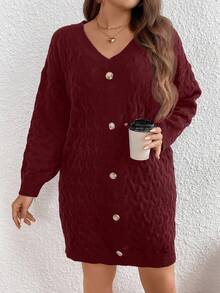 SHEIN LUNE 大码女式休闲落肩纽扣针织毛衣连衣裙，秋冬款 - 酒紅色 - 查看 4