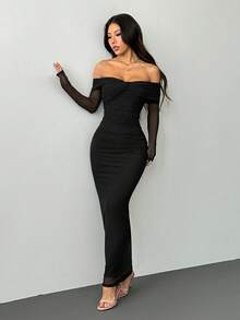 SHEIN PETITE Đầm trễ vai phối lưới xoắn nhún, dáng ôm, tay dài, trang phục hẹn hò lãng mạn, phù hợp với người nhỏ nhắn. - màu đen - Xem 5