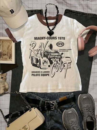 Glimmora Women's Casual Slogan & Racing Car Print Round Neck Short T-Shirt