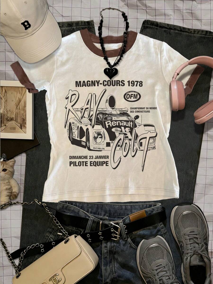 Glimmora 女士休闲标语和赛车印花圆领短袖T恤 - 白色 - 查看 1