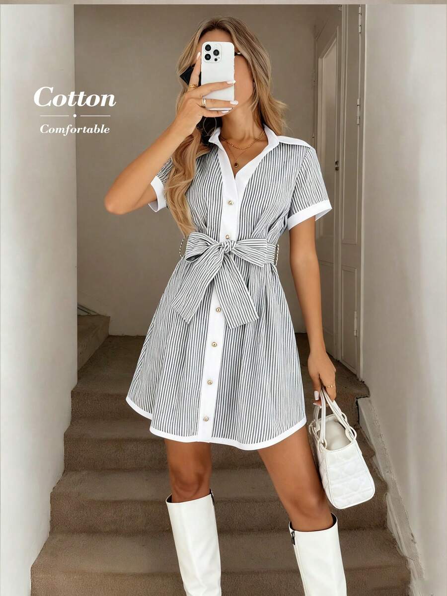 SHEIN LUNE Women Vacation Dress Preppy Dress Casual Dress For Summer Vacation Outfits Women Blue And White Short-Sleeve Casual Short Dress Casual Dress For Women - Blue and White - View 1