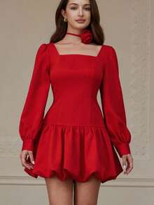 Revavyn European & American Style Fashionable Versatile Square Collar 3D Floral Decor Waist Cinched Peplum Hem Short Long Sleeve Dress, Autumn/Winter - Red - View 4