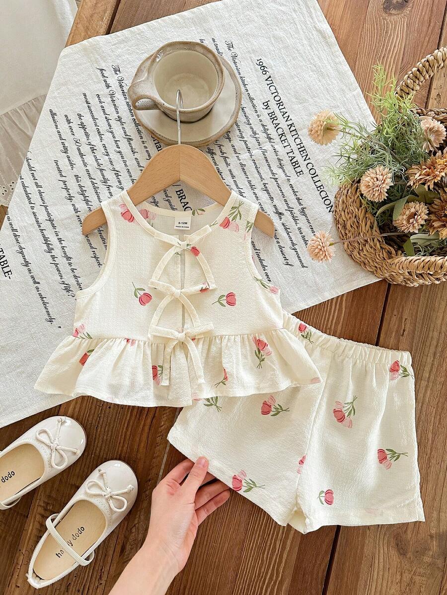 SHEIN LMoss Kids 女婴可爱夏季粉白条纹蝴蝶结无袖上衣和松紧腰短裤套装 - 粉色 - 查看 1