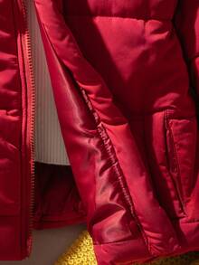 SHEIN 少女休闲百搭通勤宽松立领字母印花羽绒服，秋冬季保暖 - 酒紅色 - 查看 8