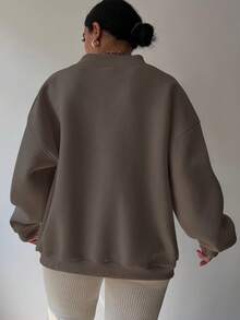EMERY ROSE Plus Size Solid Color V-Neck Casual Pullover Sweatshirt - Brown - View 2