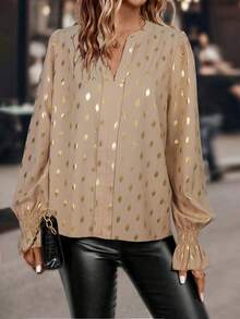 SHEIN LUNE All-Over Print Notched Collar Elegant Office Long Sleeve Shirt - Apricot - View 4