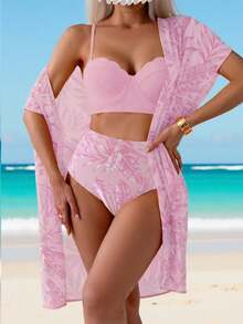 SHEIN Swim Women Summer Leaf Print Bikini Set With Coverup - Baby Pink - View 1