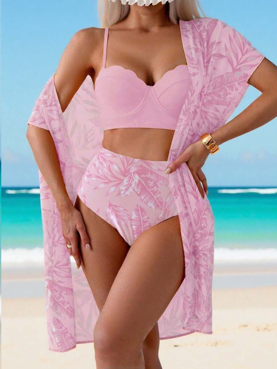 SHEIN Swim Women Summer Leaf Print Bikini Set With Coverup - Baby Pink - View 1