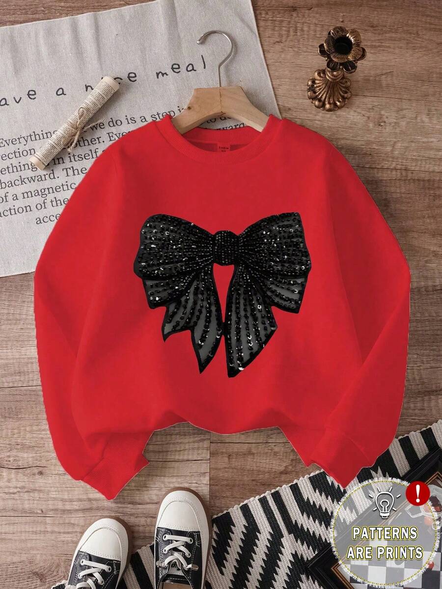 SHEIN Young Girl Casual Comfortable Fashion Minimalist Cute Bow Pattern Thermal Lined Crew Neck Long Sleeve Pullover Sweatshirt - Red - View 1