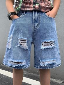 SHEIN 青少年男孩时尚休闲复古酷炫街头镂空破洞磨边宽松舒适清爽蓝色前开衩牛仔短裤，适合日常穿着以及春夏锐舞节和街头潮流。 - 藍色 - 查看 3