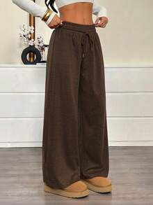 SHEIN PETITE 女士咖啡棕色抽绳休闲运动裤 - 咖啡棕 - 查看 1