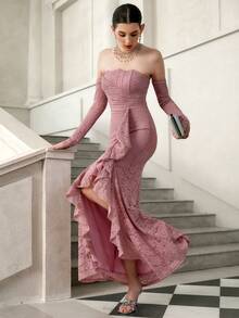 Elenzga Vestido elegante de encaje con ajuste ceñido y vibra de alta gama, adecuado para compromiso nupcial, banquete, escote corazón sin tirantes, abertura, mangas, color rosa - Rosa - Ver 5