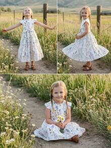 Emery Rose Kids Young Girl Chiffon Ditsy Ditsy Floral Ruffle Hem Sleeveless Dress With Stand Collar, Back To School Mommy And Me Girls Heart Print Shirt Tween Girls T Shirts White Top For Kids Cute Tops For Kids Long Sleeve Shirts Girls,Valentine's Day - Khaki - View 3