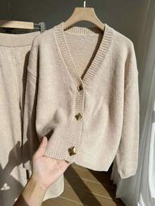 Comfortcana Conjunto informal de 2 piezas de talla grande para mujer, compuesto por un cárdigan de punto de manga larga con hombros caídos y pantalones de punto, para otoño/invierno - Caqui - Ver 5