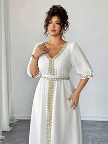 SHEIN Elenzya 大码纯色拼接金色蕾丝流苏腰身优雅休闲秋冬连衣裙 - 白色 - 查看 8