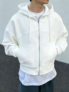 Manfinity PAVTROS 男士纯色连帽衫，运动街头风，Manfinity Hypemode，狂欢节，街头服饰，复古，度假，我爱我的男朋友，情人节 - 白色 - 查看 2