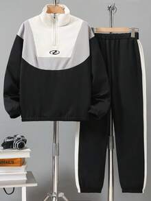 Vacaura 两件套青少年男童休闲黑白拼接拉链外套和裤子套装，适合春秋季户外活动 - 黑色 - 查看 3