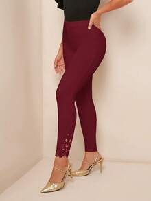 SHEIN PETITE CURVE 女士纯色弹力腰休闲打底裤 - 酒紅色 - 查看 3