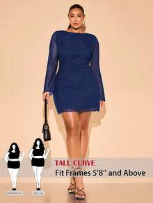 SHEIN Tall CURVE 大码女装秋季高街黑色迷你短裙，适合日常、通勤、外出、约会、下午茶、法式连衣裙、晚礼服、生日礼服、伴娘礼服、简约优雅的日常连衣裙、婚纱、伴娘礼服、迷你鸡尾酒礼服、派对礼服、网纱迷你连衣裙 - 寶藍色 - 查看 8