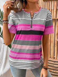 EMERY ROSE Women's Short Sleeve Round Neck Striped Printed T-Shirt Graphic Tees Women Tops - Multicolor - View 3