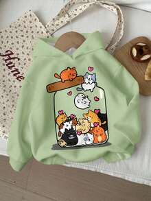 SHEIN Áo nỉ dáng rộng thoải mái cho bé gái Happikins, thích hợp mặc hàng ngày, phù hợp cho mùa thu/đông. Áo nỉ hình mèo dễ thương, áo nỉ mèo xanh lá cây, áo nỉ mèo Kawaii, áo nỉ dễ thương mùa thu. - Nhiều màu - Xem 4