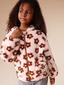 SUMWON Fuzzy Leopard Print Hooded Zip Up Jacket For Fall Winter Cozy Outerwear With Full Front Closure Vacation - Coffee Brown - View 1