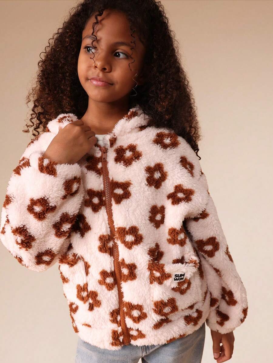 SUMWON Fuzzy Leopard Print Hooded Zip Up Jacket For Fall Winter Cozy Outerwear With Full Front Closure Vacation - Coffee Brown - View 1