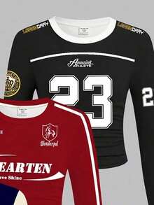 SHEIN Leap Crew 3件套少女修身休闲复古字母数字徽章图案T恤，时尚运动衫款式，米色/海军蓝、酒红色、黑色，买一送二，圆领长袖露脐紧身T恤学院风套装，适合13岁女孩，长袖3件套 - 彩色 - 查看 5