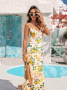 Vivid Eden 女士度假水果印花鱼尾下摆时尚吊带中长连衣裙 - 米色 - 查看 4